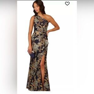 Adrianna Papell  Jacquard One-Shoulder Navy Blue and Gold Dress